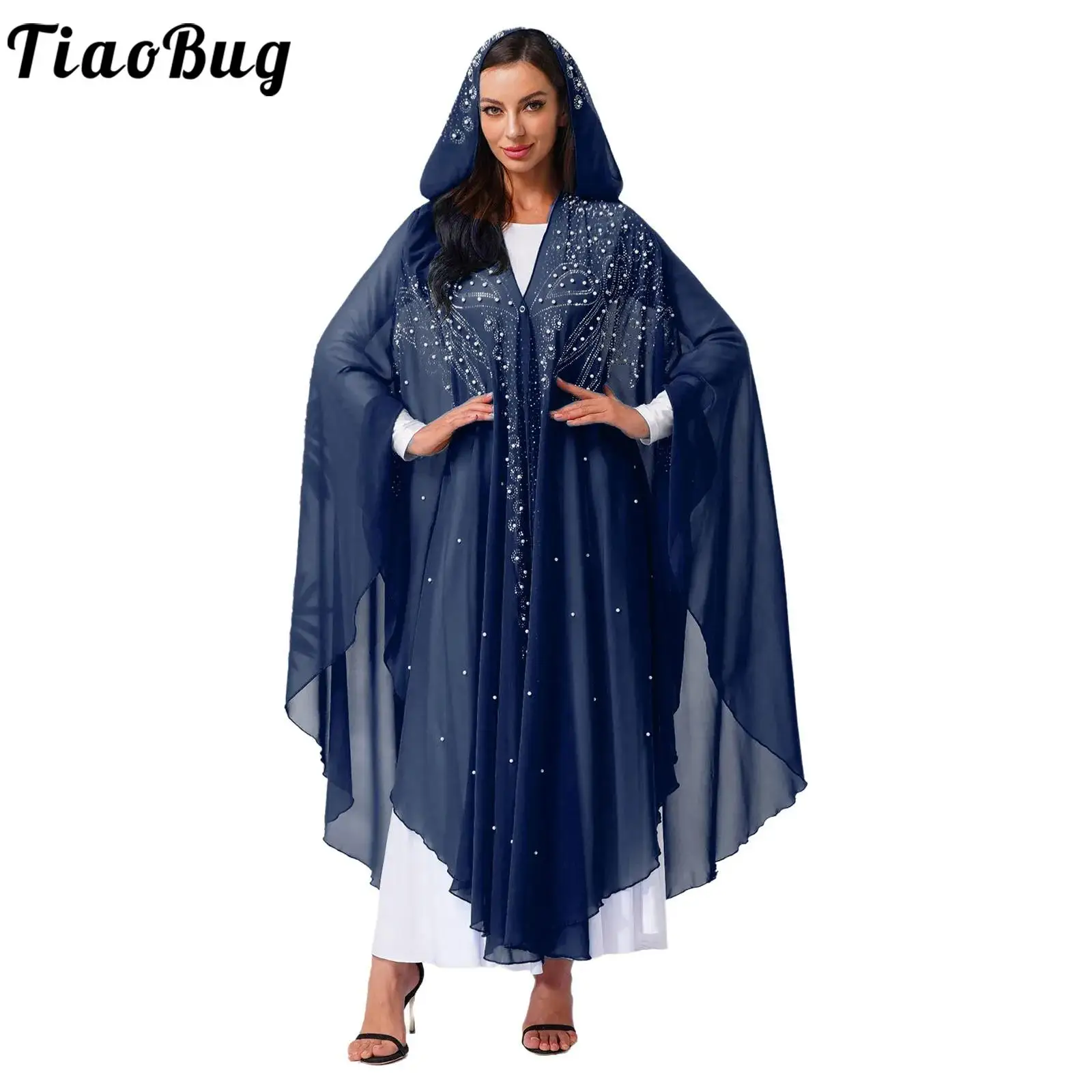 

Women Halloween Muslim Islam Abaya Cosplay Robe Rhinestone Faux Pearls Decor Batwing Sleeve Hooded Kaftan Chiffon Robe Carnival