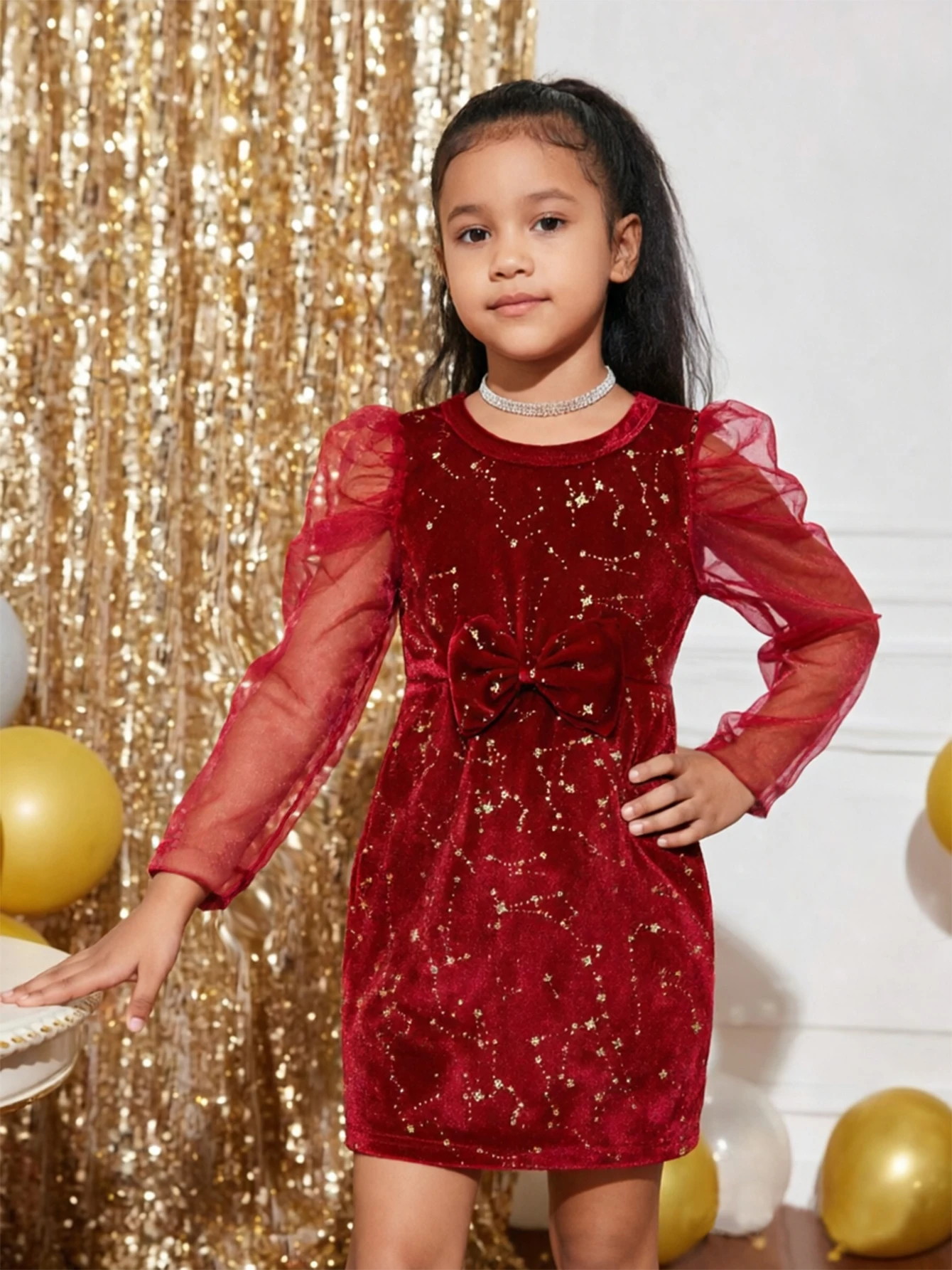 Velvet Butterfly Knot Mesh Puff Sleeve Mini Dress with Sparkling Stars for Girls Bodycon Dress Shiny Evening Party Dress