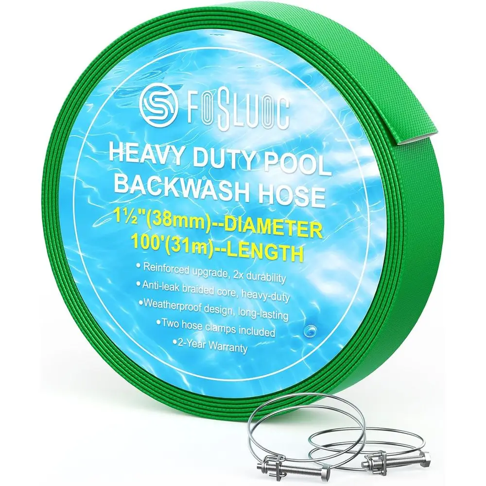 Manguera de Retrolavado para Piscina de 1½" x 100', Manguera de Retrolavado de PE de Alta Resistencia o Filtro para Piscina – Incluye 2 Abrazaderas, Resistente a la Intemperie y a las Roturas