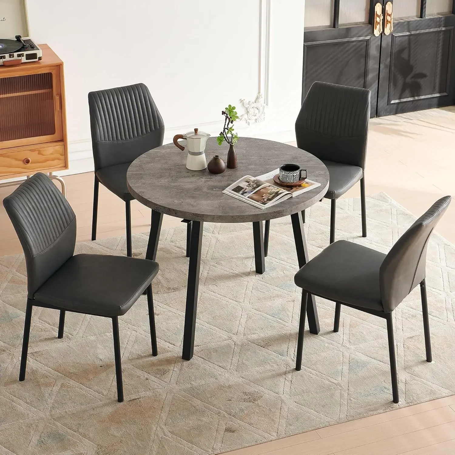 NORDICANA 37-Inch Round Table with 4 Chairs, Wood Circle Kitchen Table and Chairs Set of 4, Compact Small Dining Room Table Set