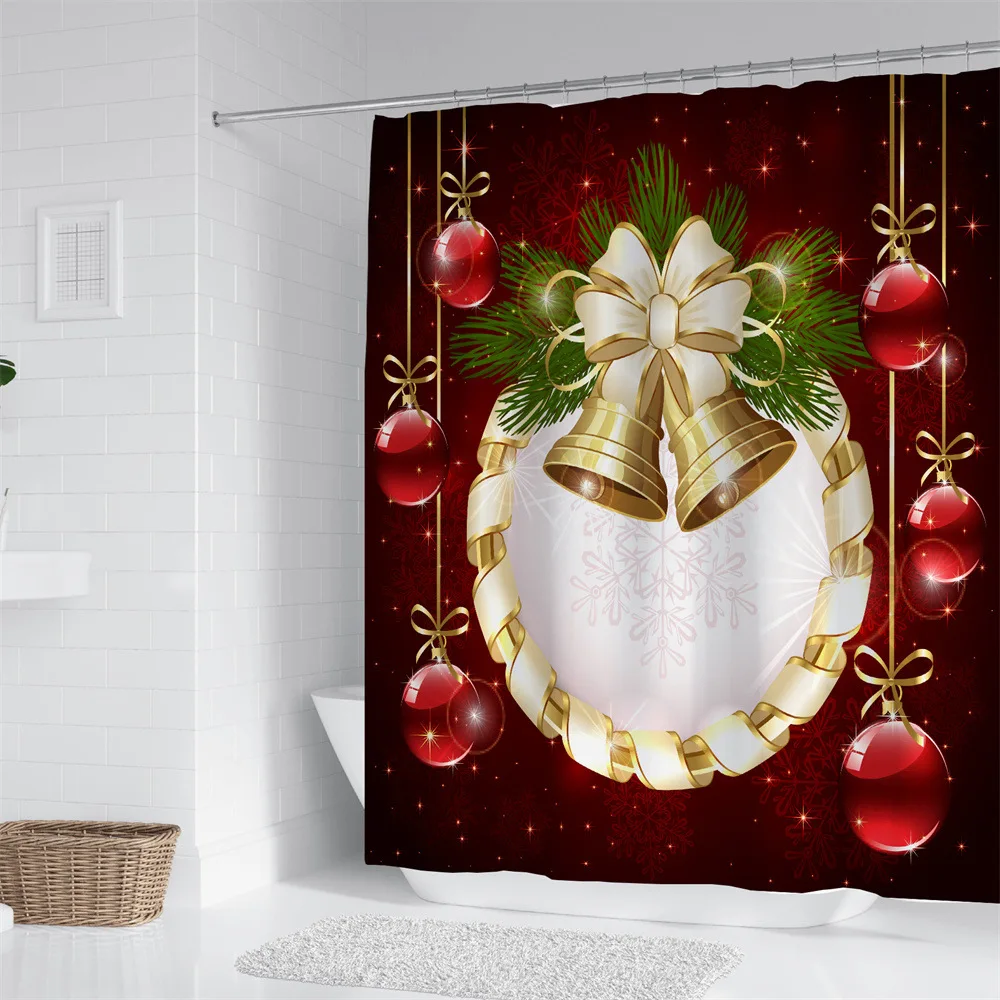 Merry Christmas Shower Curtain for Bathroom Red Glitter Jingle Bell Winter Waterproof Shower Curtains Durable Washable Sets