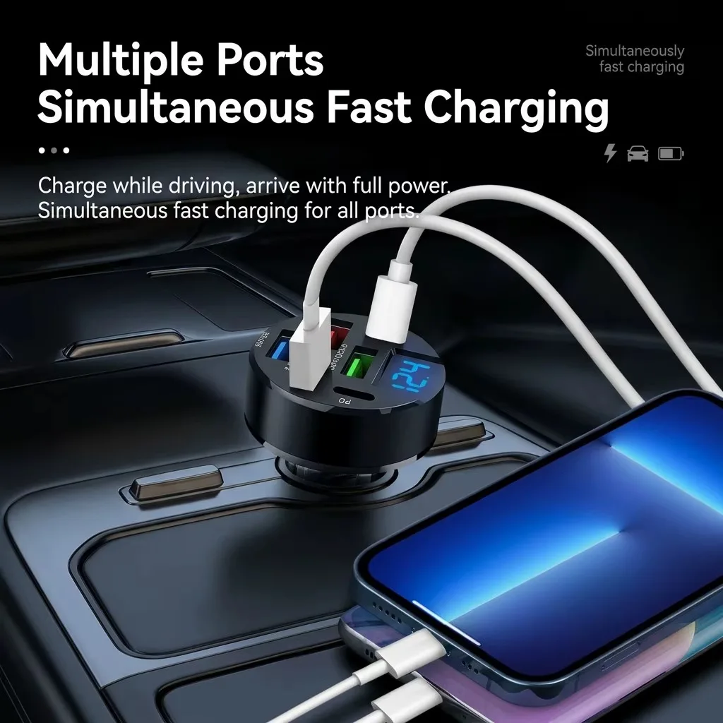 UYUXIO Multi Port USB Car Charger with Voltage Display 2 PD 4 USB A Super Fast Charging with Volt Meter for iPhone Samsung