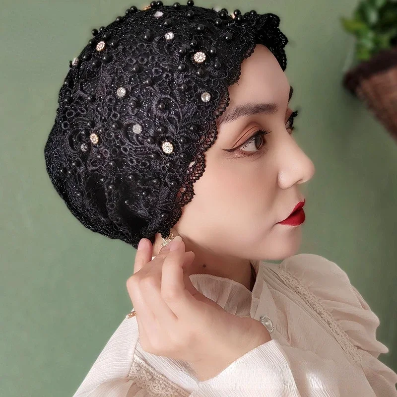 Beading Muslim Turban Caps Lace Headcover Islamic Wrap Head Turbante Summer Bonnets For Women Embroidery Flower Hijab Church Hat