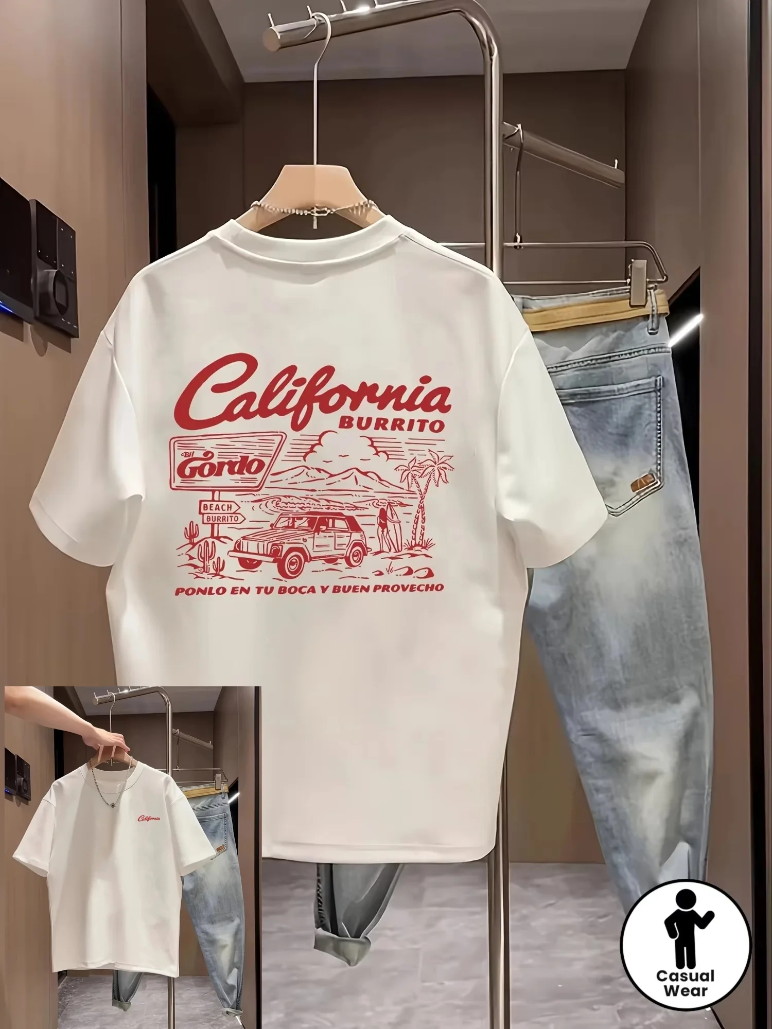 Vintage California Burrito Herren-T-Shirt Retro West Coast Grafik Übergroßes Baumwoll-Kurzarm-Oberteil Sommer Streetwear – Detail 2
