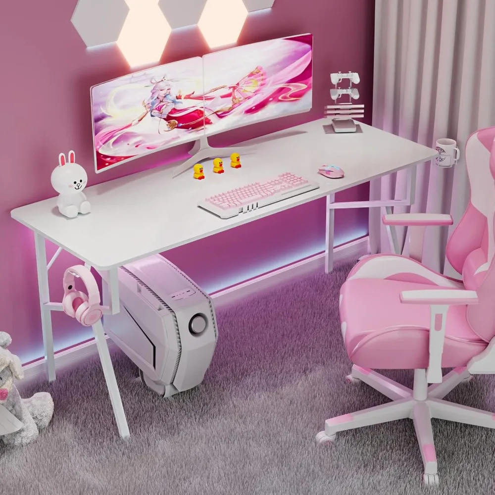 Computer Desk, 63 x 24 Inch K Shaped Long Gaming Desk for Home Office Work Study Writing Table with Cable Management, Cup Holder