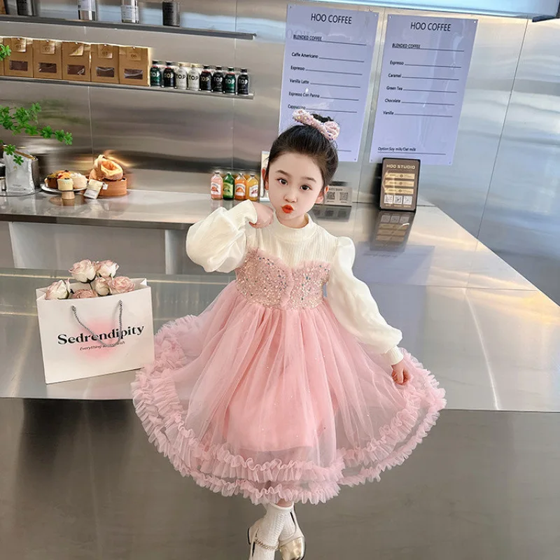 

Платье с пайетками, сетчатое модное вечернее платье принцессы для девочек, детское весенне-осеннее новое однотонное, мягкое, красивое, удобное