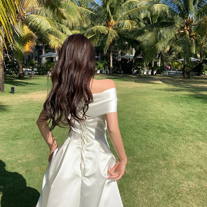 Women White Fairy Elegant A-Line Midi Dresses Female Party Prom Clothes Vestdios Bow Slash Neck Sexy Dress Summer