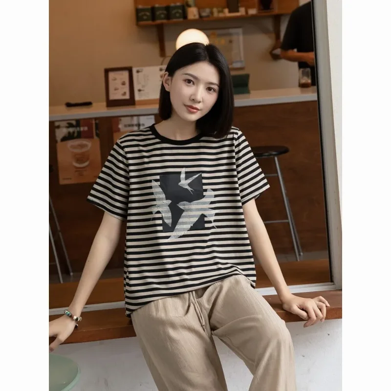 Women Retro Striped Cotton Short Sleeve T Shirt Crew Neck Swallow Print Loose Casual Daily Basic Tops