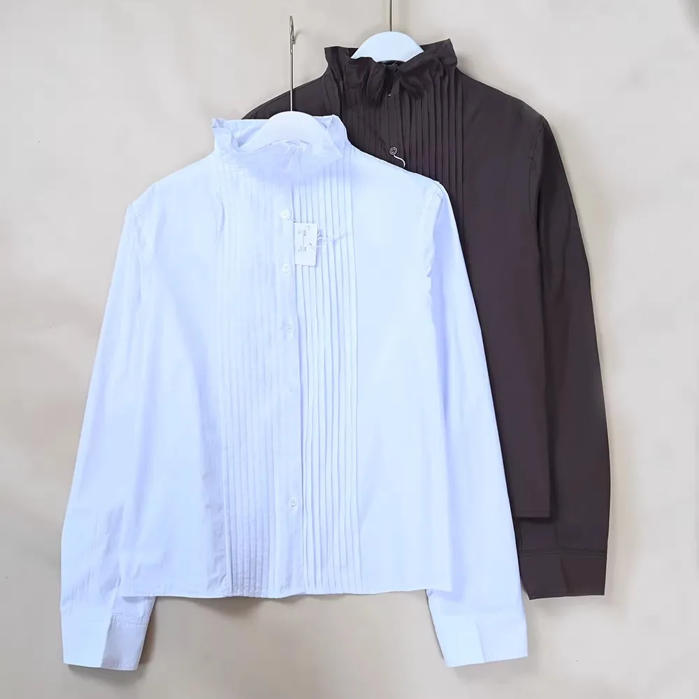 

Скандинавская повседневная женская рубашка с высоким воротником и длинным рукавом, плиссированная, для весны и лета, премиум-класса, модная