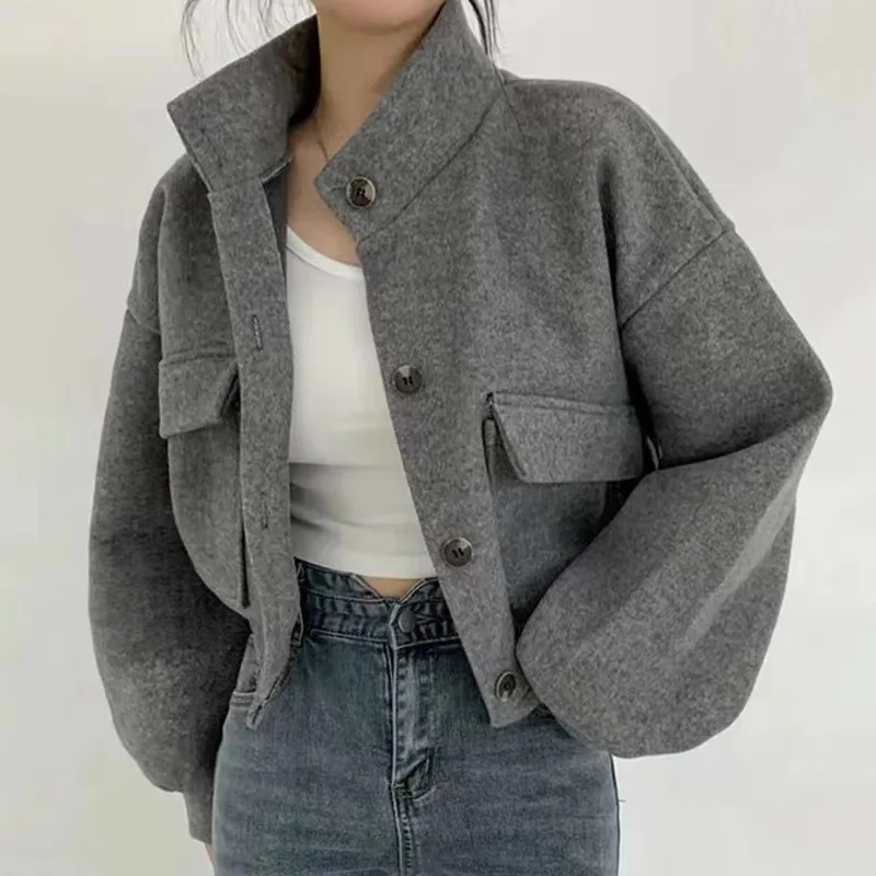 

Women's Stand Collar Jaet Spring Autumn 2025 Large ket Neutral Sle Casual Outerwear Polyester Fiber Ladies Coat