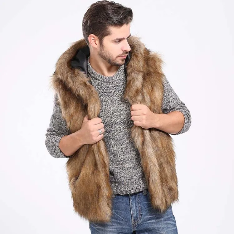 Hooded Vest Solid Faux Fur Men Cardigan Jacket Sleeveless Fur Outerwear Coat Spliced Pockets Loose Casual Basics Autumn