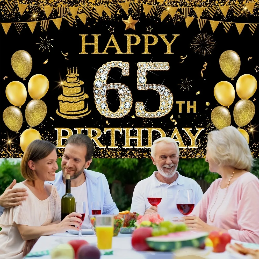 65th Birthday Party Decoration Banner - Black Polyester Backdrop with Gold Balloons & Cake Design for Men and Womenncluded