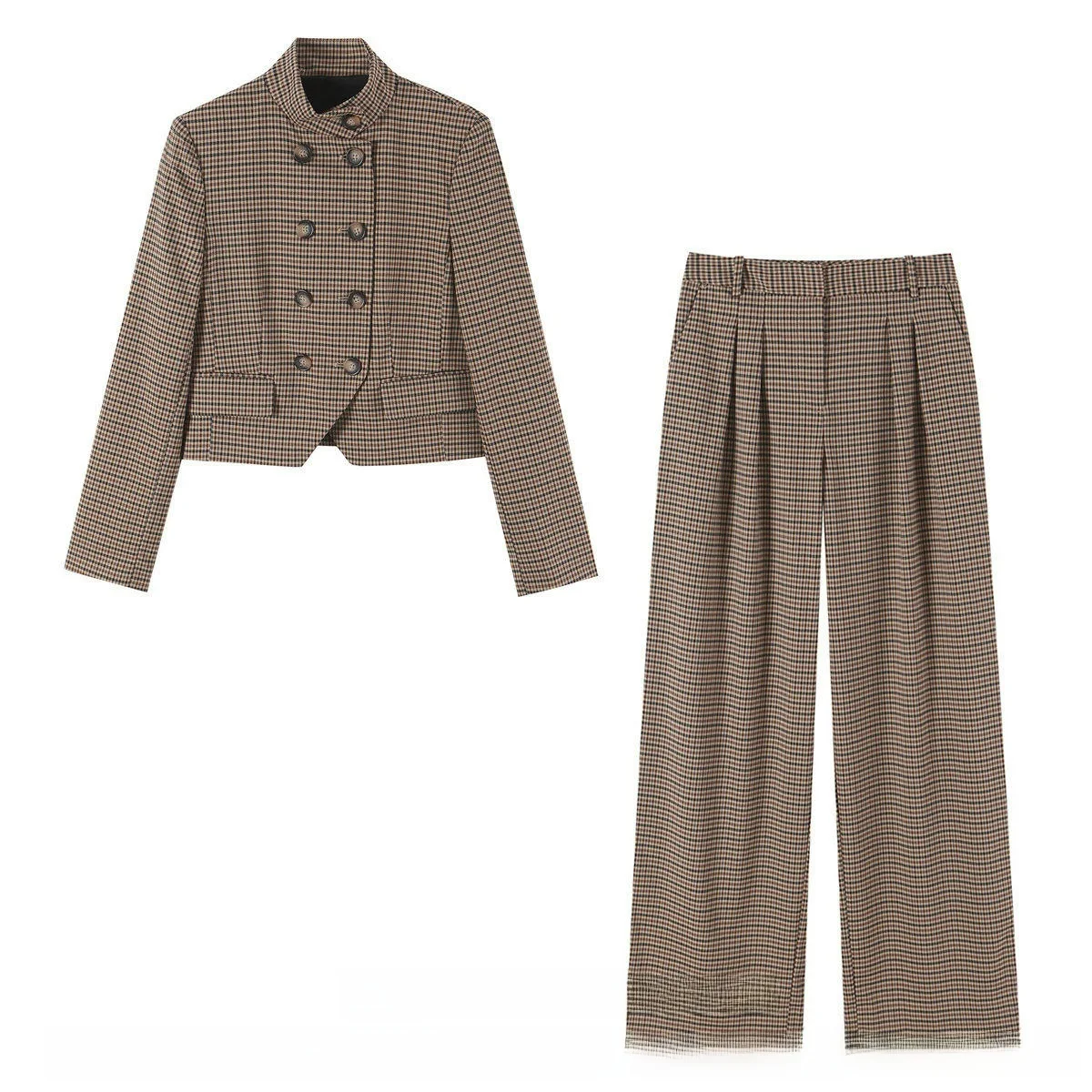 Autumn Women's Long Sleeve High Collar Shoulder Pad Windowpane Short Suit Jacket Wide Leg Pants Casual Fit Cotton Button Closure