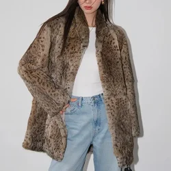 Abrigo de piel de conejo con cuello levantado para mujer, abrigo clásico con estampado de leopardo, elegante, largo medio, cálido, 2024