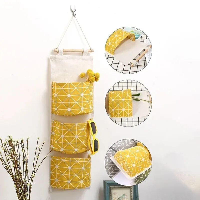 Cotton Linen Pattern Hanging Storage Bag 3 Pockets Wall Mounted Wardrobe Hang Bags Wall Pouch Cosmetic Toys Organizer 1PC Hot