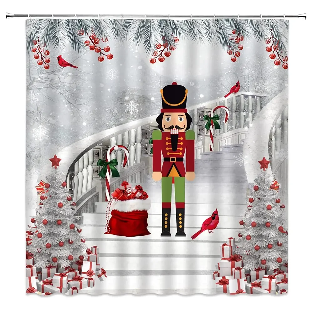 Cracker Christmas Nutcrackers Shower Curtain Christmas Tree Bathroom Curtain Decor Set with Hook Polyester Fabric Christmas Gift