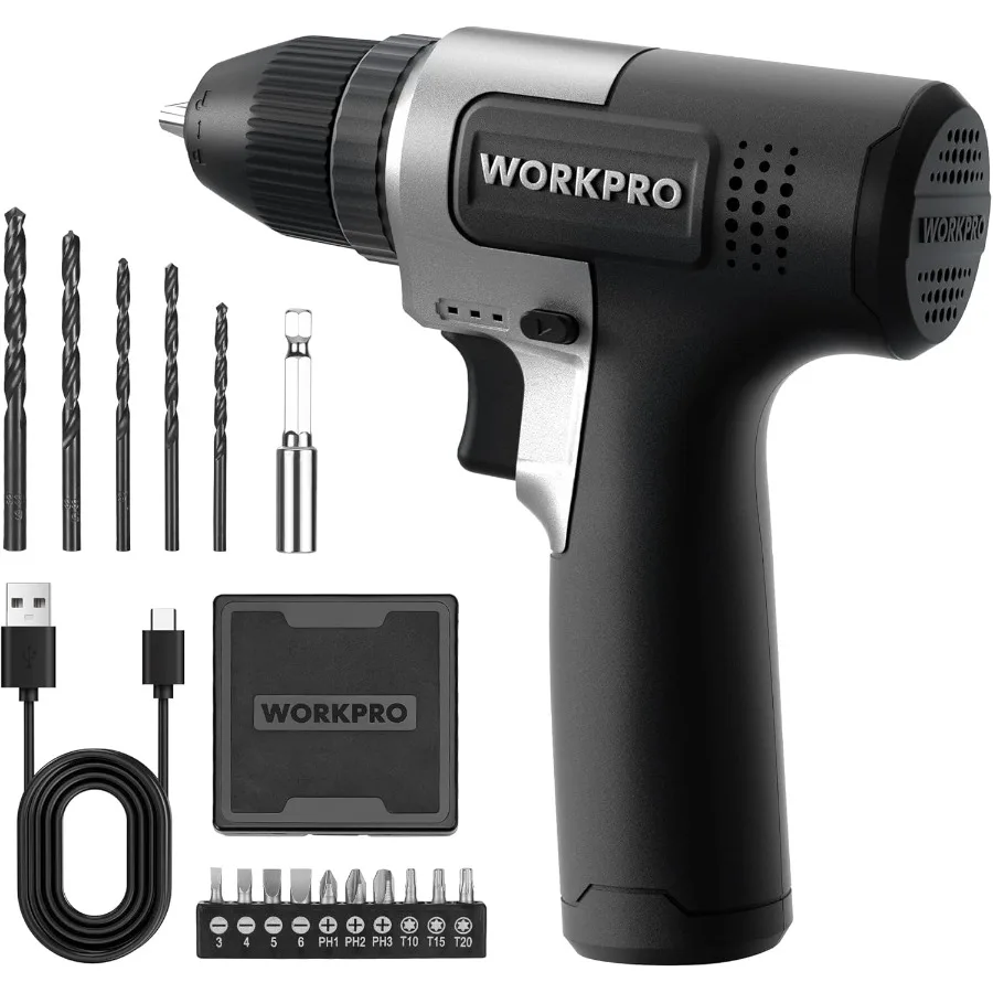 Juego de taladro inalámbrico de 8 V con batería de 2 Ah para uso doméstico y en taller con portabrocas sin llave de 3 y 8 pulgadas Kit de brocas de 15 piezas tipo C carga rápida