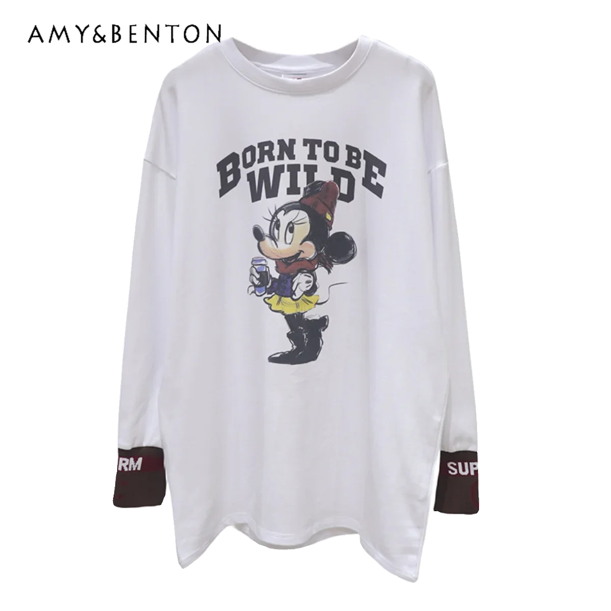 

Potdemiel Brushed Stretchy Sleeves Cartoon Printed Easy Matching Autumn Loose Cotton Long Sleeves T-shirt Women's Inner Wear Top