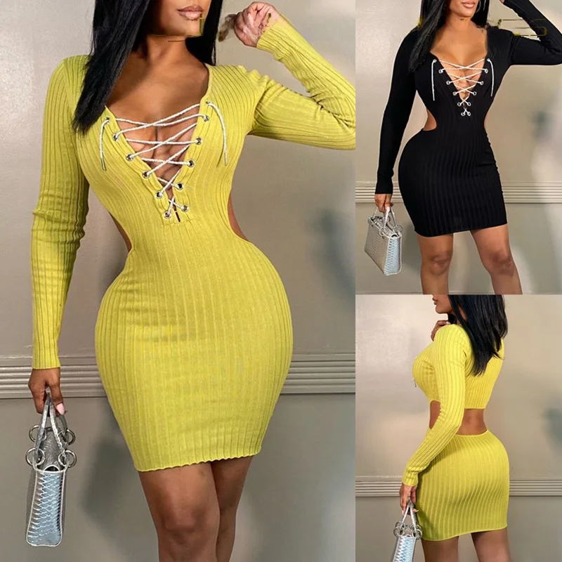 

Sexy Lace up Strapl Me Dr Long Sve Knitted mid Waist Bodycon Dr Polyester Fiber Regular Sve Hollow out Design