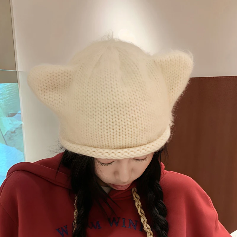 Korean Cute Beige Cat Ear Knitted Hat Lovely Autumn Winter Warm Hat Knitting Skiing Cap For Girls Christmas Gifts