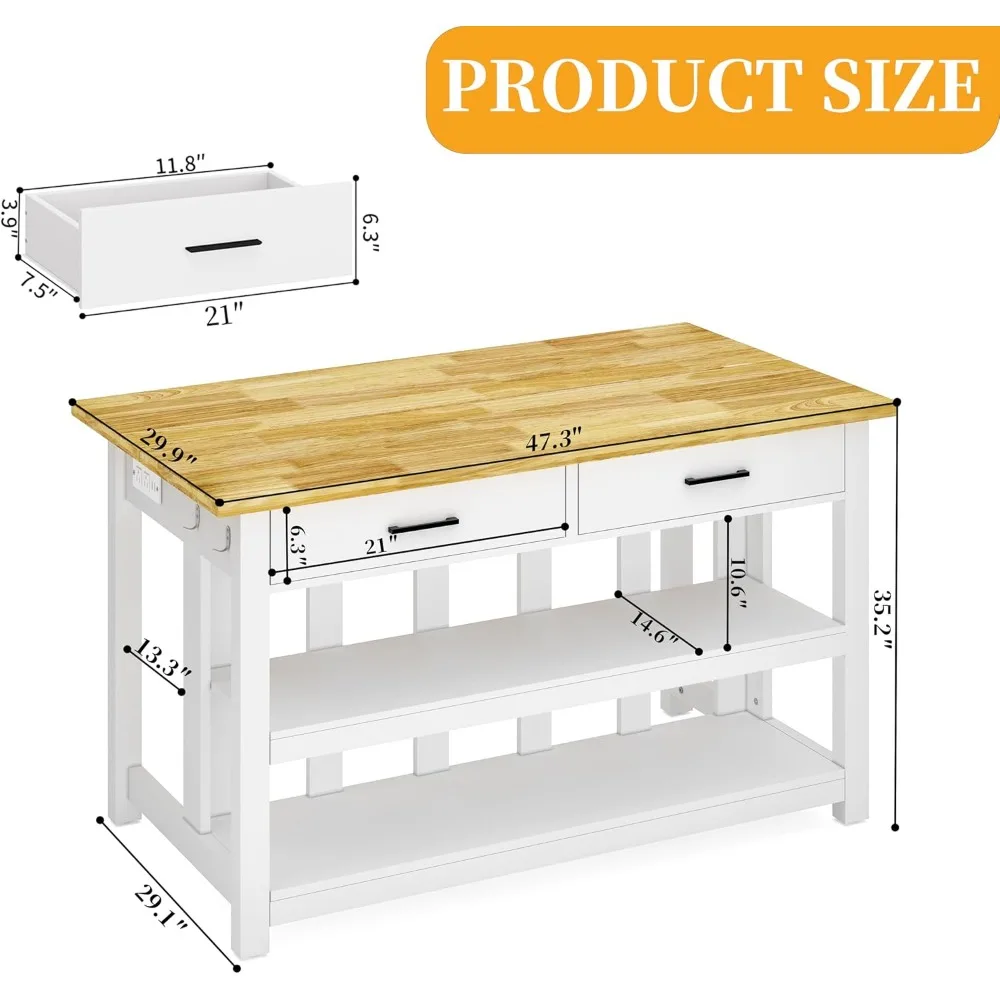 جزيرة مطبخ من خشب المطاط الصلب مقاس 47.3 بوصة مع منافذ طاقة - سطح عمل كبير جدًا، درجين وخزانة تخزين أرفف مفتوحة #6