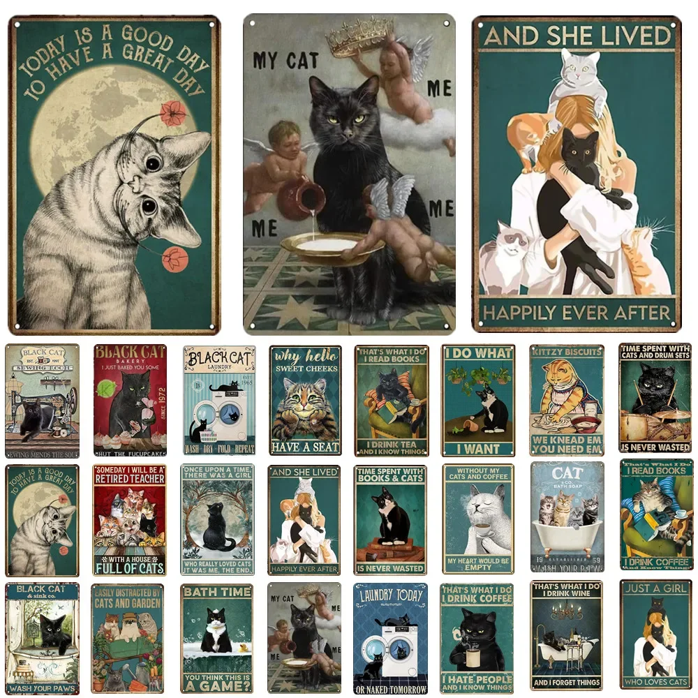 أسود القط خمر علامة معدنية معدنية الرجعية القصدير اللوحة المشارك لغرفة النوم غرفة المعيشة الحيوانات الأليفة متجر جدار ديكور دبوس حتى لوحة القط مضحك