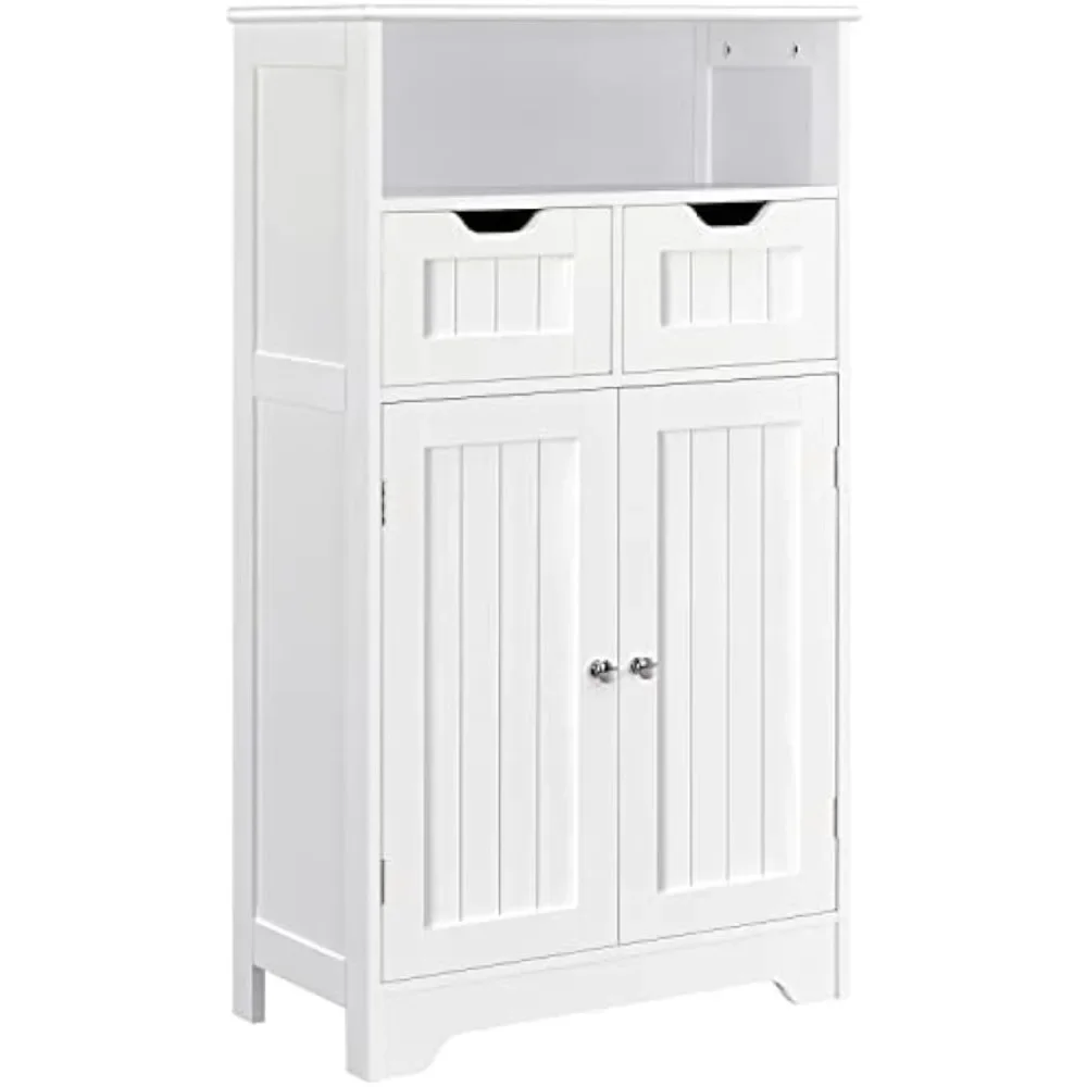 Bathroom Storage Cabinet with 2 Drawers & Adjustable Shelf, 2 Doors Bathroom Floor Cabinet, Wooden Cupboard for Living Room