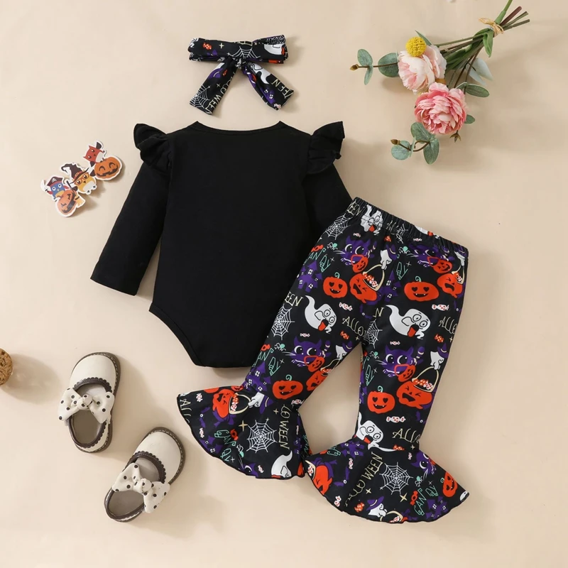 Baby Girl Halloween Outfits Pumpkin Face Print Long Sleeve Romper Ghost Print Flare Pants Headband 3Pcs Clothes Set