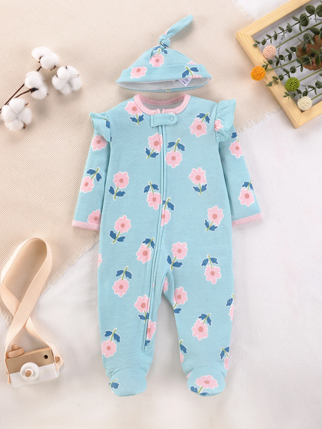 Cotton Light Blue Baby Romper with Flutter Sleeves Pink Flower Print Footed Onesie Matching Hat for Newborn Girls All Season