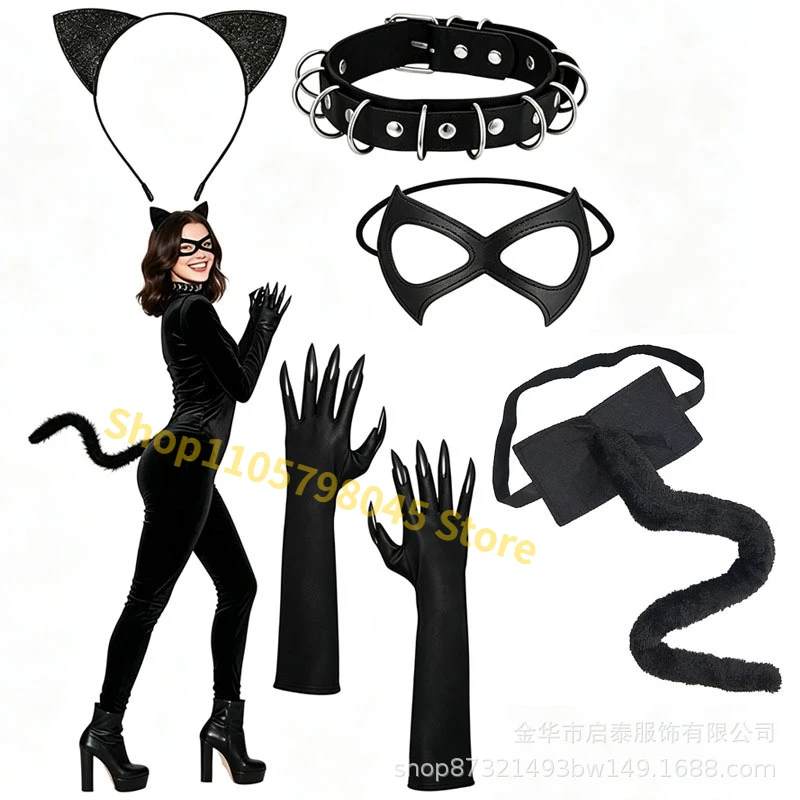 Halloween Black Cat Cosplay Costume Accessory Cat Ears Headband Tail Mask Gloves Collar Bow Tie, Fancy Dress Outfit For Carnival