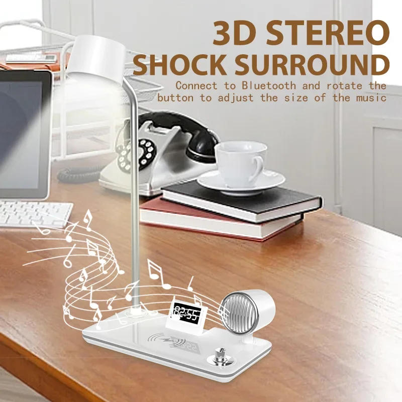 

Многофункциональная настольная лампа, беспроводное зарядное устройство, подставка, часы, Bluetooth-динамик, ночник, USB-порт, ночное освещение