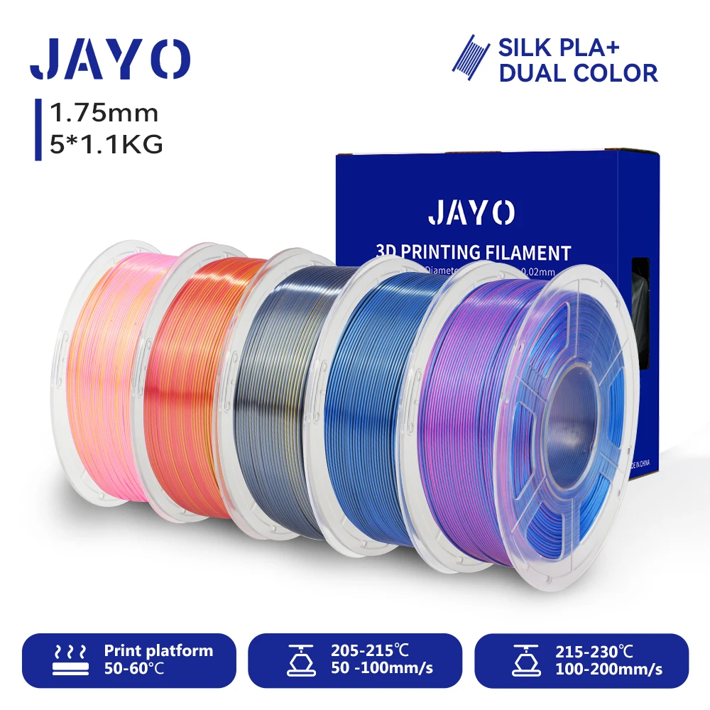 JAYO Silk PLA+ 3D Printer Filament 1.75mm SILK PLA plus Dual / Triple Colors Neatly Wound PLA+ 3D Filament 1.1kg 5 Rolls/set