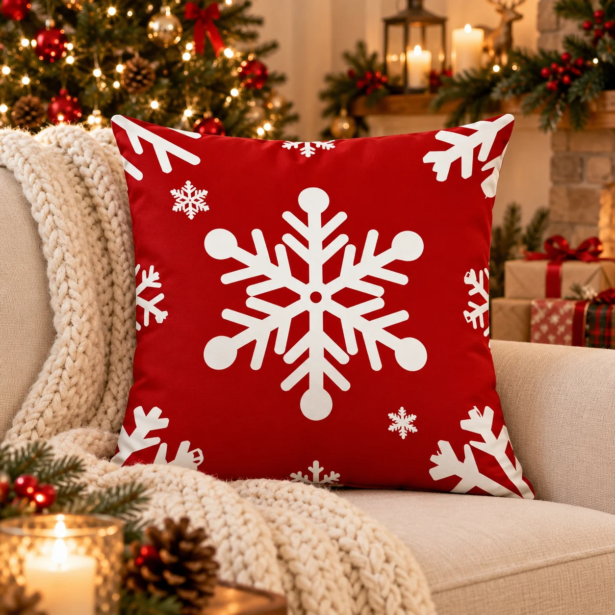 Christmas Red and White Patterned Throw Pillow Cushions Polyester Pillowcase, Sofa Decorative Cushion Cov Headboard Pillow