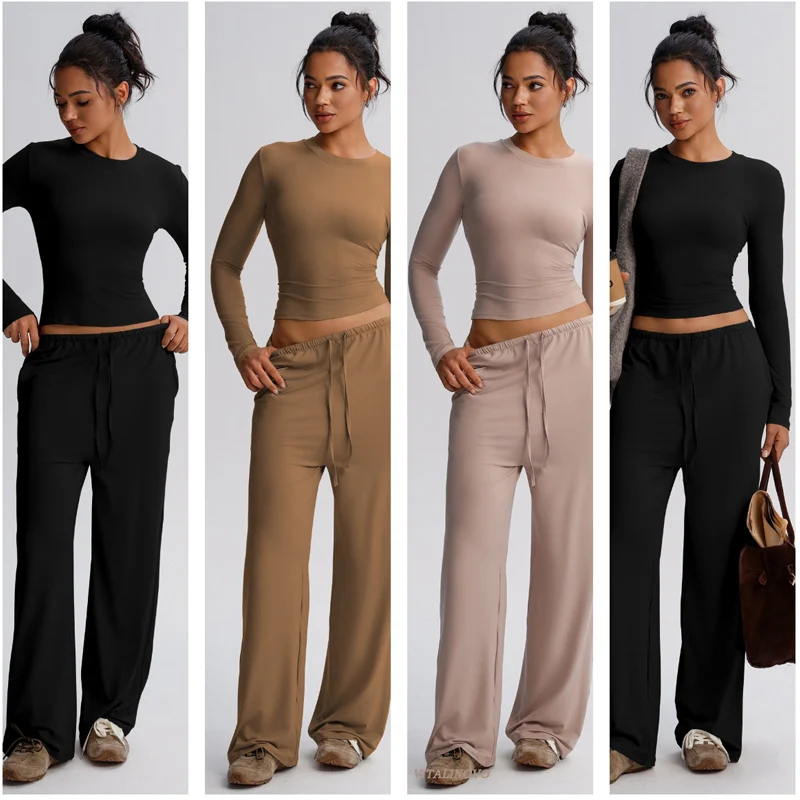 

Женские спортивные костюмы, комплекты для тренировок из двух предметов, рубашки с круглым вырезом с длинными рукавами и широкие брюки, спортивный костюм, наряды