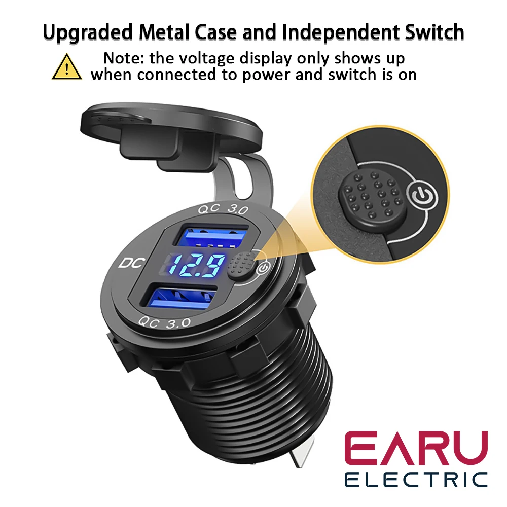Half-Thread Quick Charger Aluminum QC3.0 Dual USB Car Charger with Switch Button LED Voltage Display for 12V/24V Cars Boats