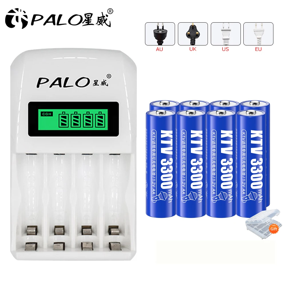 PALO 1.2V AA Rechargeable Battery 3300mAh Ni-MH AA 2A Batteries+LCD Display Smart Charger for AA AAA Ni-MH Rechargeable Battery