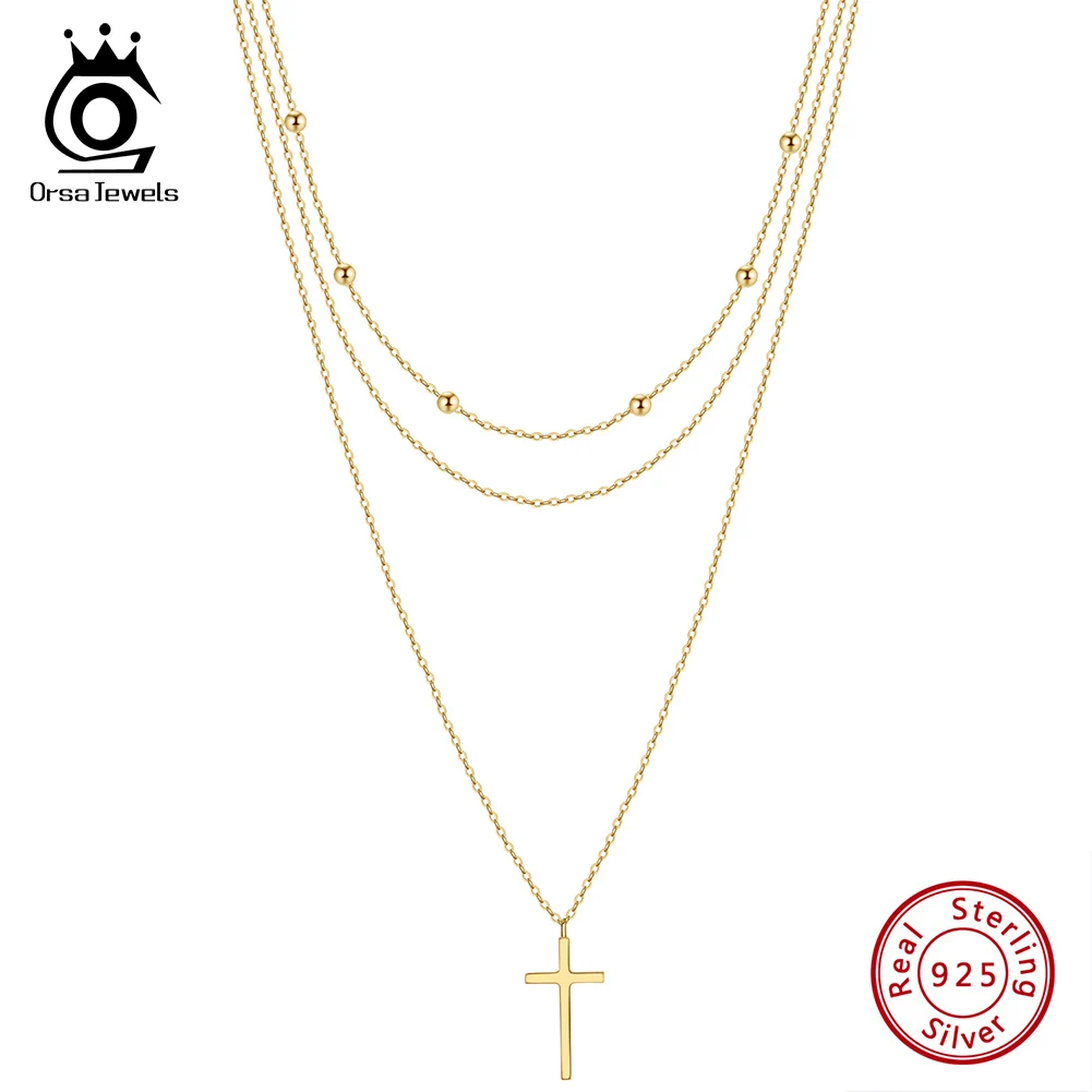 

ORSA JEWELS Sterling Silver 925 Cross Pendant Chain Necklace for Female 14K Gold Three Layers Beads Chain Collares Jewelry BQN07