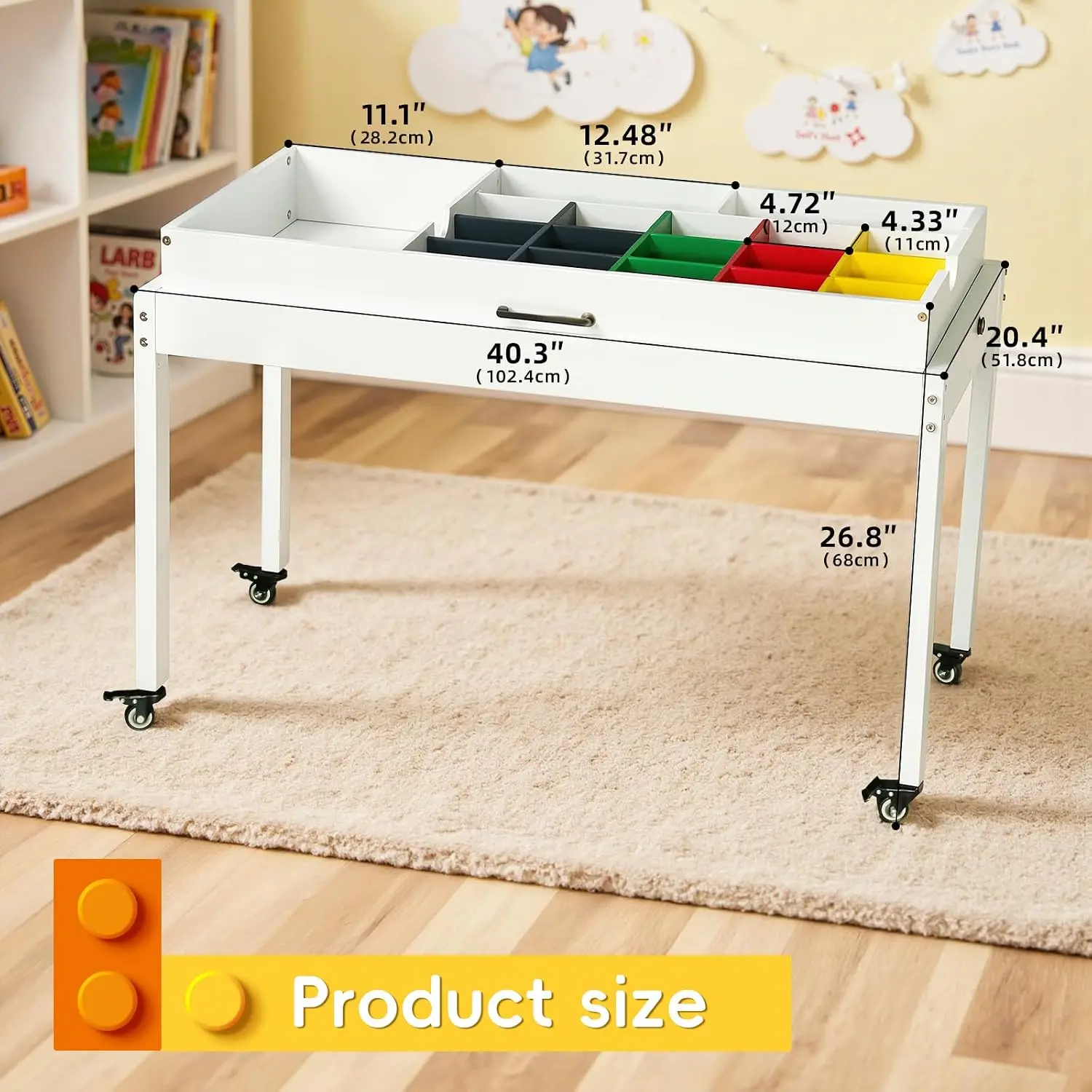 Kids Activity Table with Storage & Rolling Organizer, Building Block Play Table Compatible with Lego, Low Profile, Customized