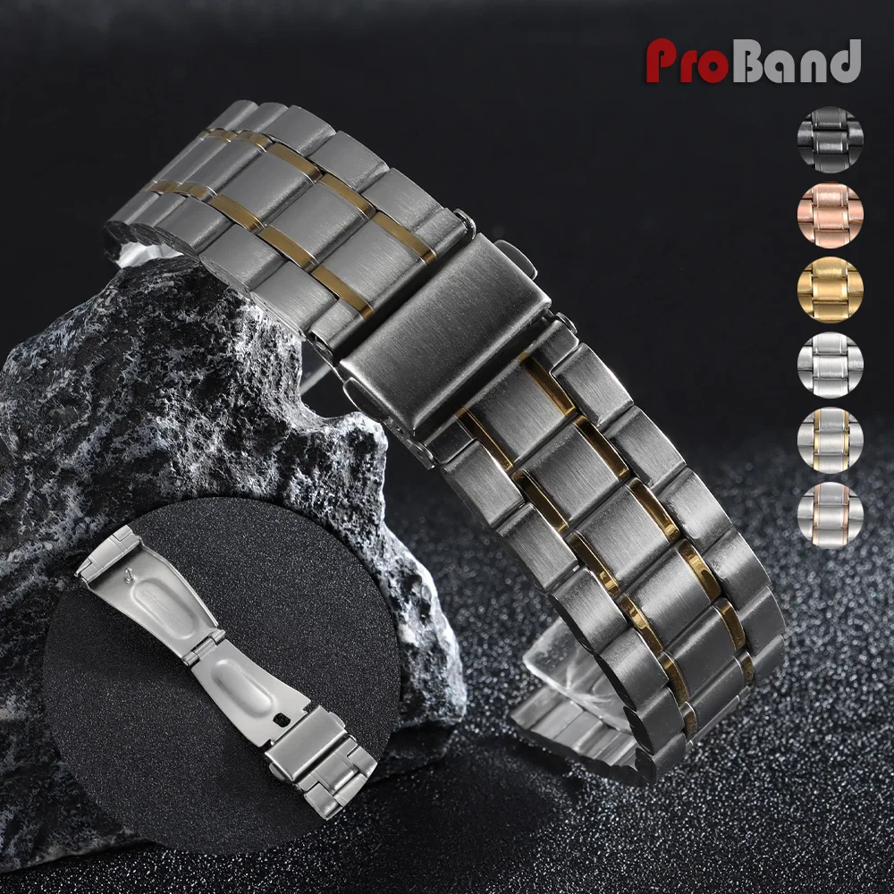 

22mm Stainless Steel Watch Strap for Men Women Silver Gold Metal Watch Band Universal Waterproof Bracelets Accessories with Tool