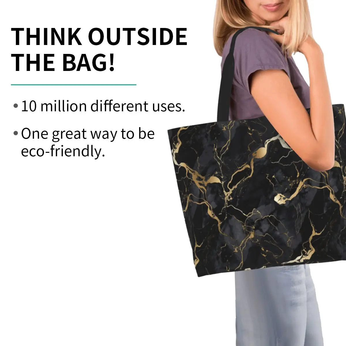 Classic Black And Gold Marble Shopping Tote Bag Canvas Large Capacity Shoulder Bags Shopper Grocery Handbag for Women