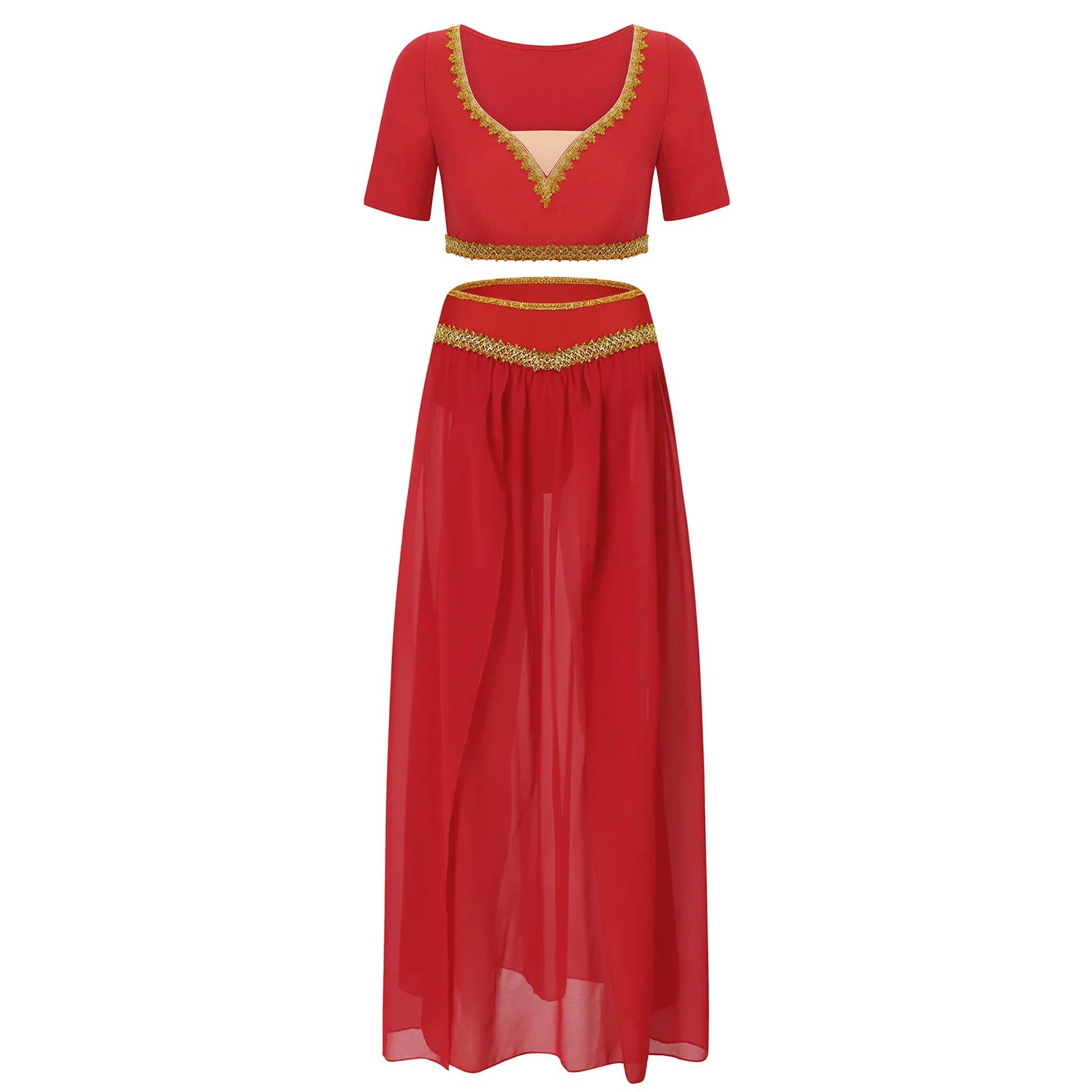 ผู้หญิง Lyrical Belly Dance Crop Tops SHEER ตาข่ายกระโปรงชุดพื้นบ้านอาหรับอินเดีย Princess COSPLAY PARTY ชุด