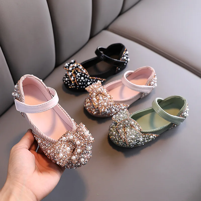 

Children Pearl and Rhinestone Flats Princess Party Dress Shoes Girls Dance Performance Flats Kids bow Soft Sole Non-Slip Shoes