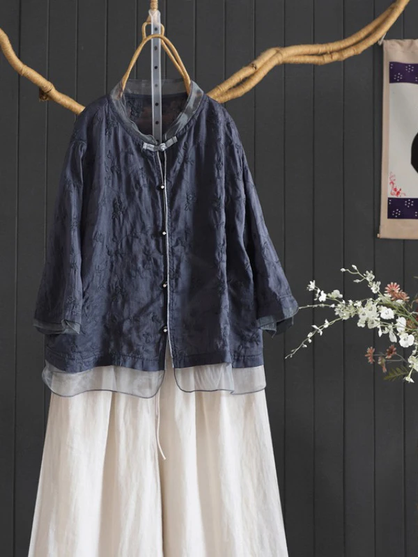 캐주얼 자수 패치워크 큰 사이즈 여성용 싱글 버튼 스탠드 칼라 세븐 슬리브 루즈 올매치 오픈 가디건