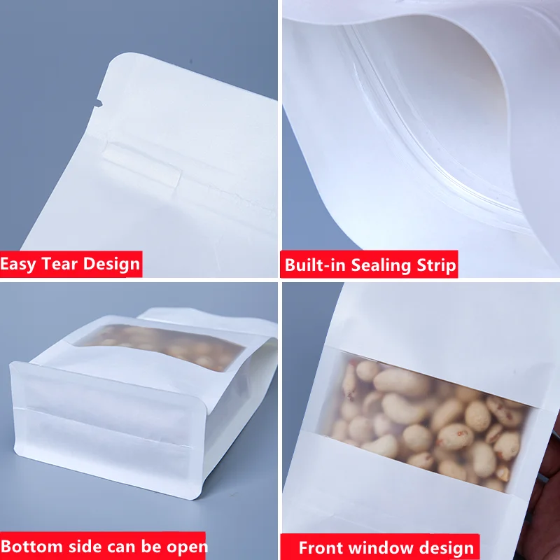 50pcs White Kraft Paper Bag Frosted Window For Snack Nuts Nougat Food Seal Waterproof Packaging Coffee Bean Storage Pouch Custom