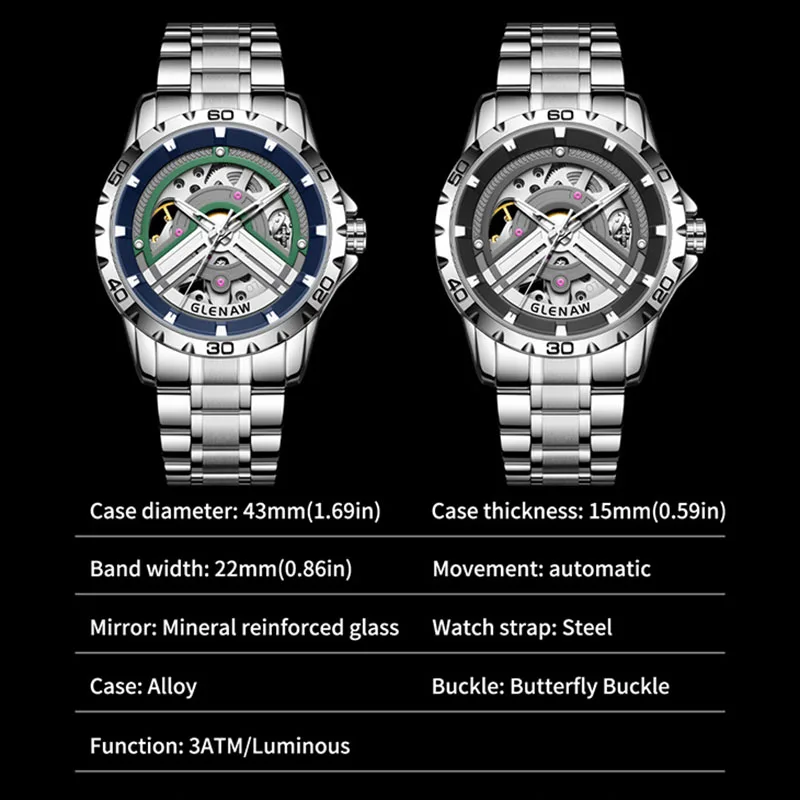 GLENAW Unique Hard-core Design Trendy Accessories Luminous Dial Waterproof And Wear-resistant fully Automatic Mechanical Watch