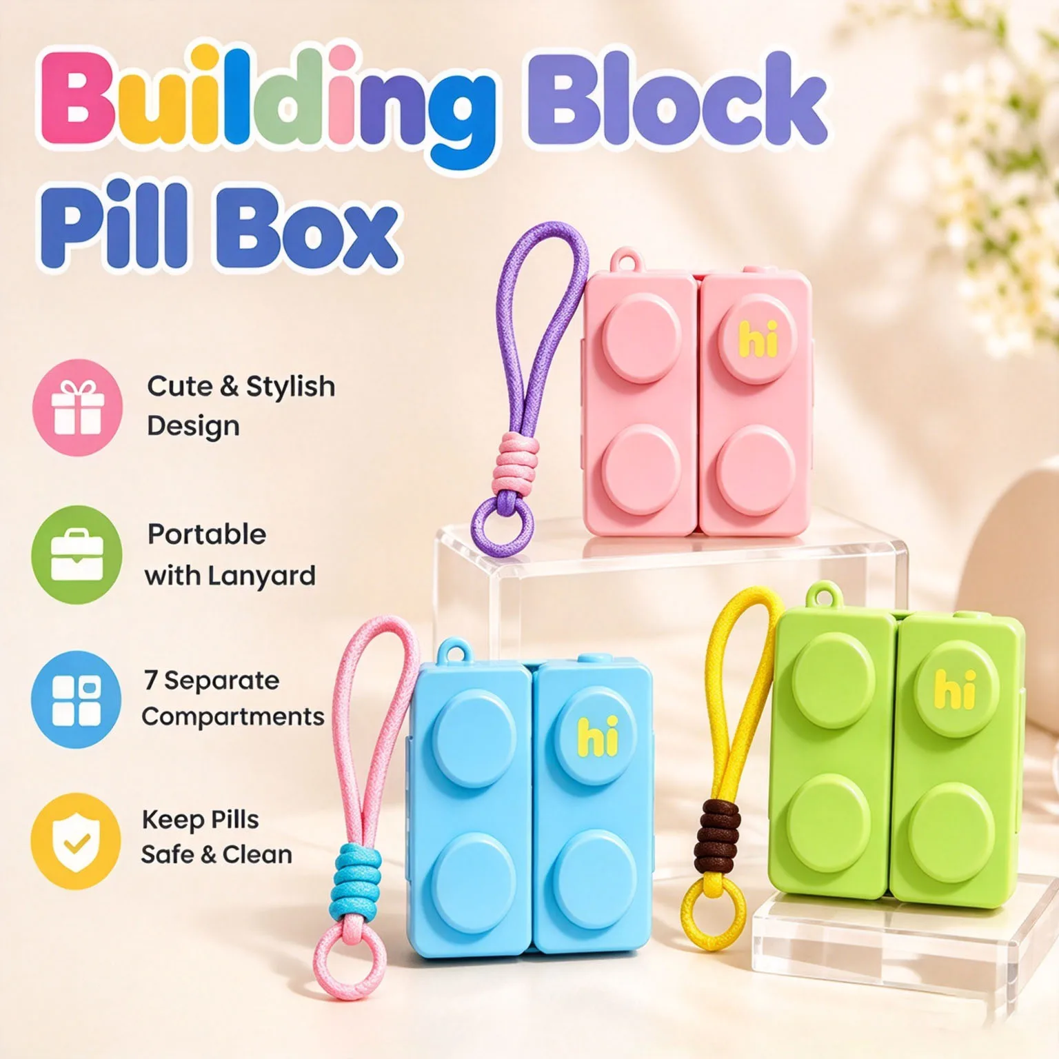 Building Block Shaped Portable Pill Box 7 Grid Compartments Travel Pill Case with Lanyard Pocket Size Medicine Storage Container