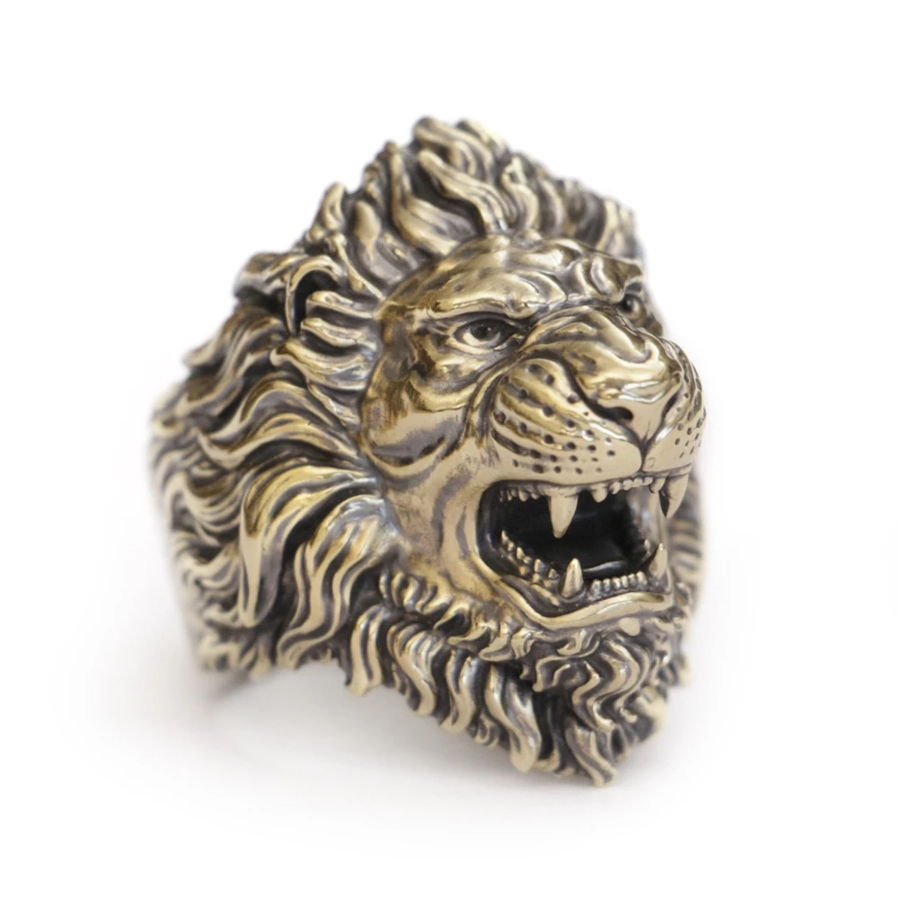 LINSION Brass Roaring Lion Ring Mens Biker Punk Ring BR385 US Size 7~15