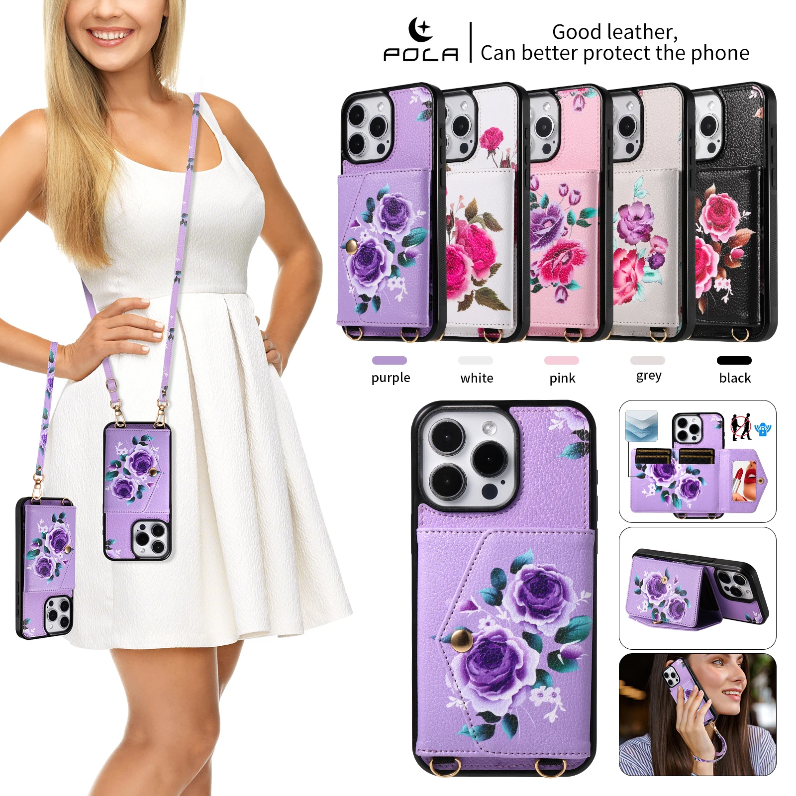 

Роскошный кожаный держатель для кредитных карт с цветком и ремешком для iPhone 16, 15, 14, 13, 12 Pro Max, чехол для телефона через плечо