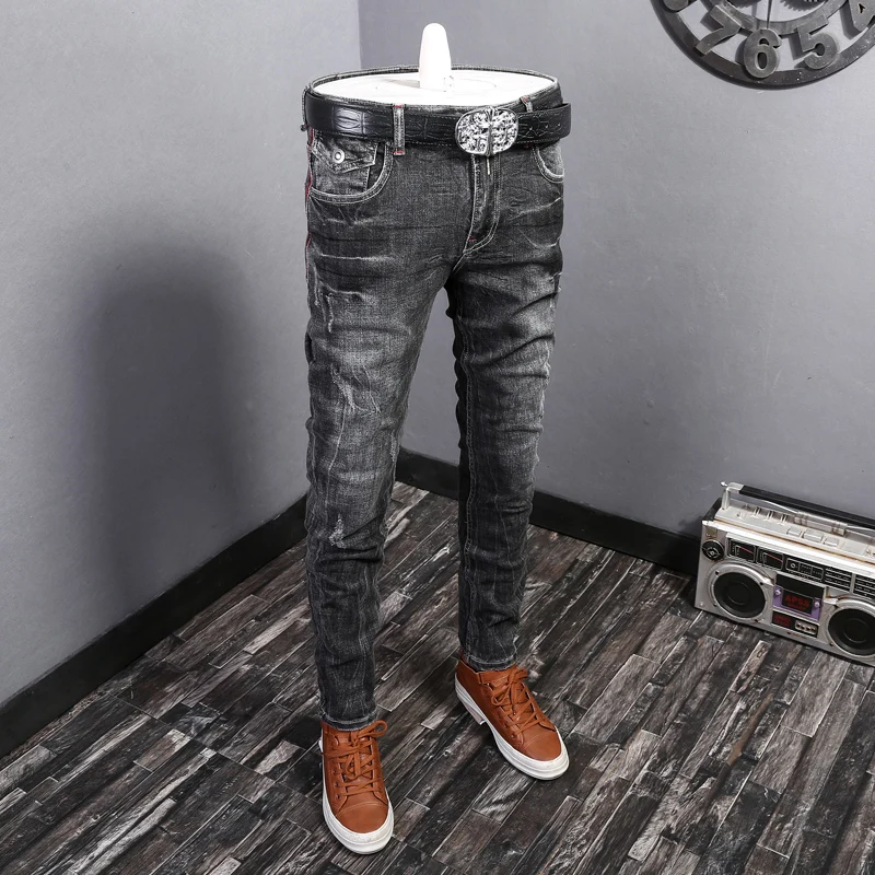 Fashion Trendy Men Jeans Retro Washed Black Gray Elastic Stretch Slim Fit Ripped Jeans Men Vintage Designer Denim Pants Hombre