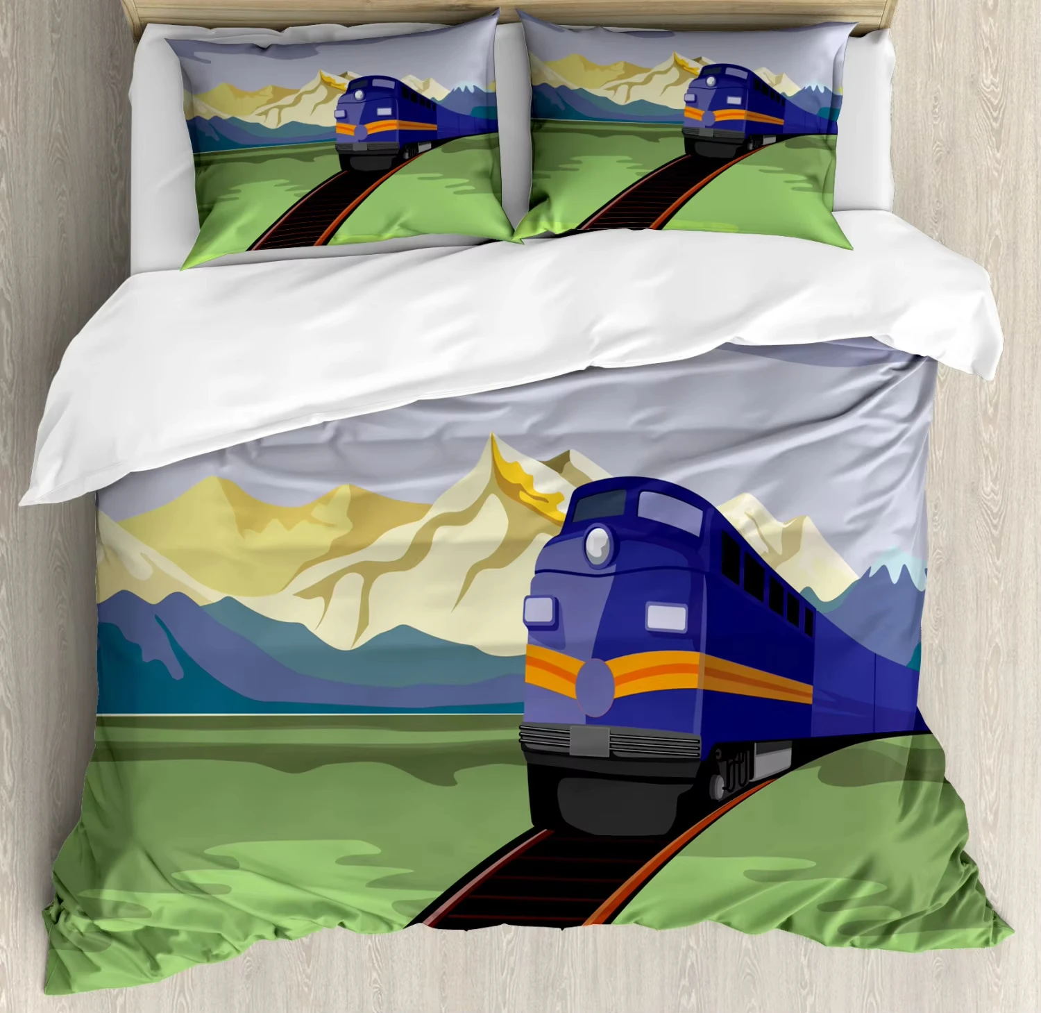 Cartoon Train Duvet Cover Full King Size Railway Track Transport Comforter Cover Retro Steam Engine Bedding Set For Teens Adults